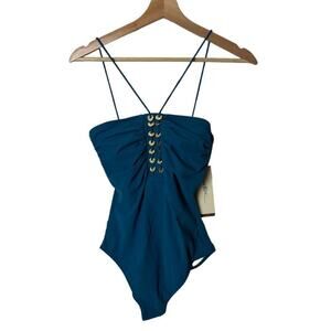 Gottex Golden Touch Teal Wireless Strapless One Piece Swimsuit Women's 10 NWT